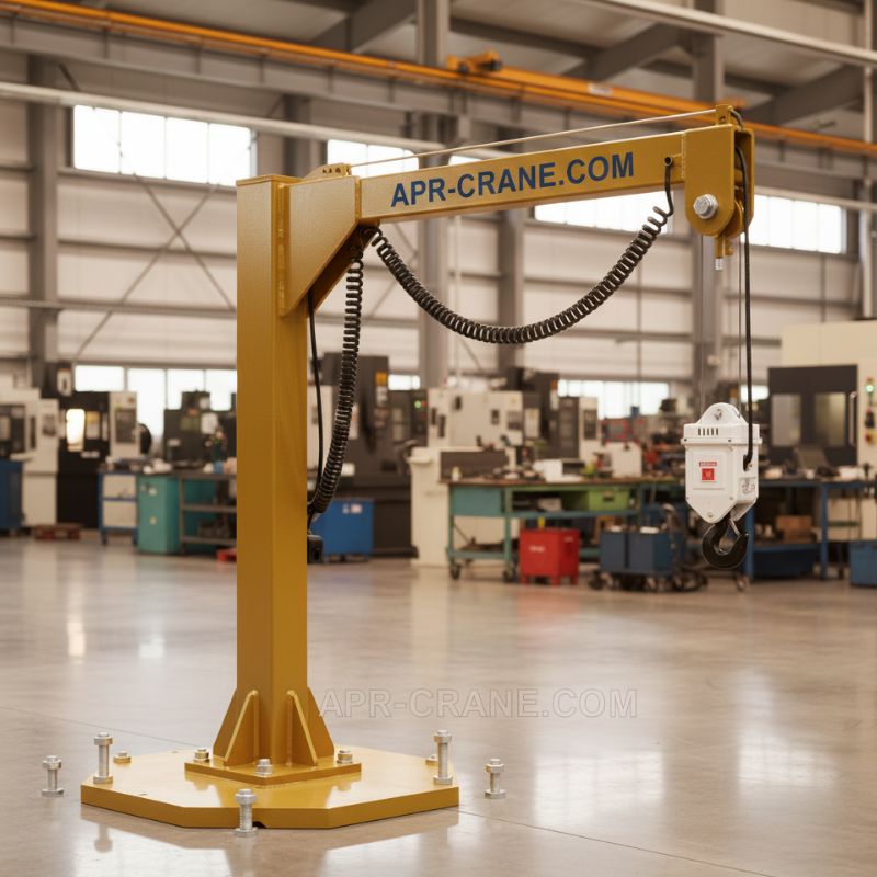 Golden yellow foundationless jib crane at apr-crane.com designed for rapid relocation and high-efficiency workstation lifting