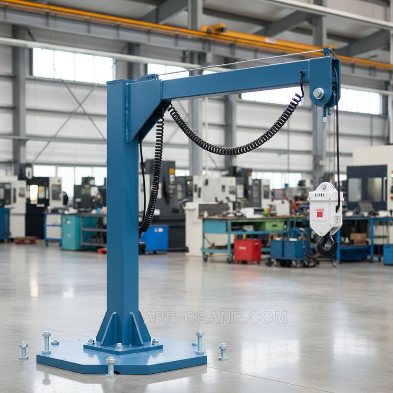 Slab-mounted foundationless jib crane installed on 6-inch reinforced concrete floor without deep footing